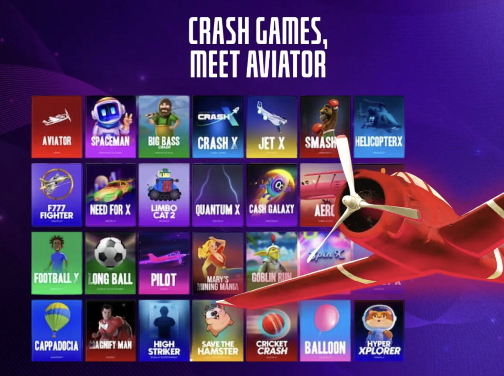 Crash Games, Meet Aviator: A colorful grid featuring various game titles including Aviator, Spaceman, Big Bass, and more, alongside a red airplane graphic.